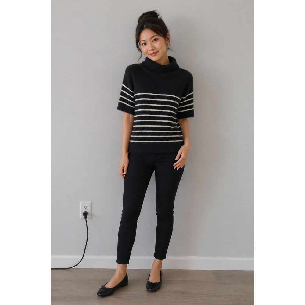 A New Day Black & White Striped Fuzzy Knit Polo Sweater Size S NWT Soft Cozy Top